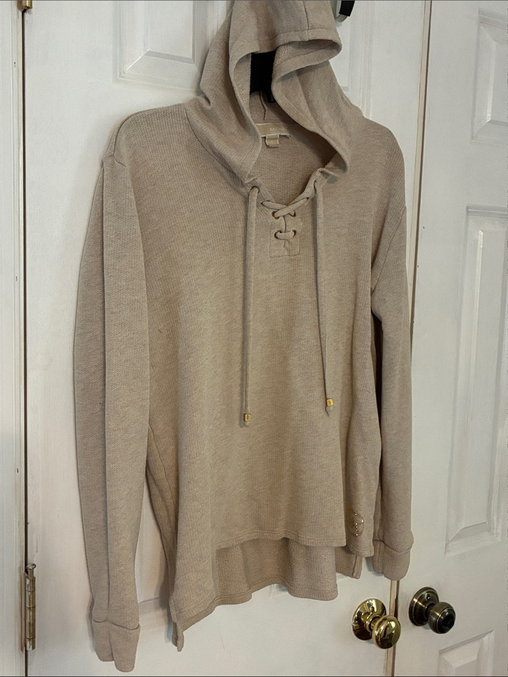 MICHAEL Michael Kors Lace-Up Hooded Pullover Sweater - Beige